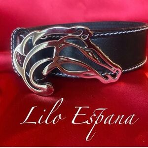 New Black Italian Leather Belt with Silver Horse Buckle